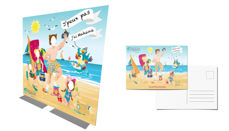 carte postale illustrée - famille - plage - camping