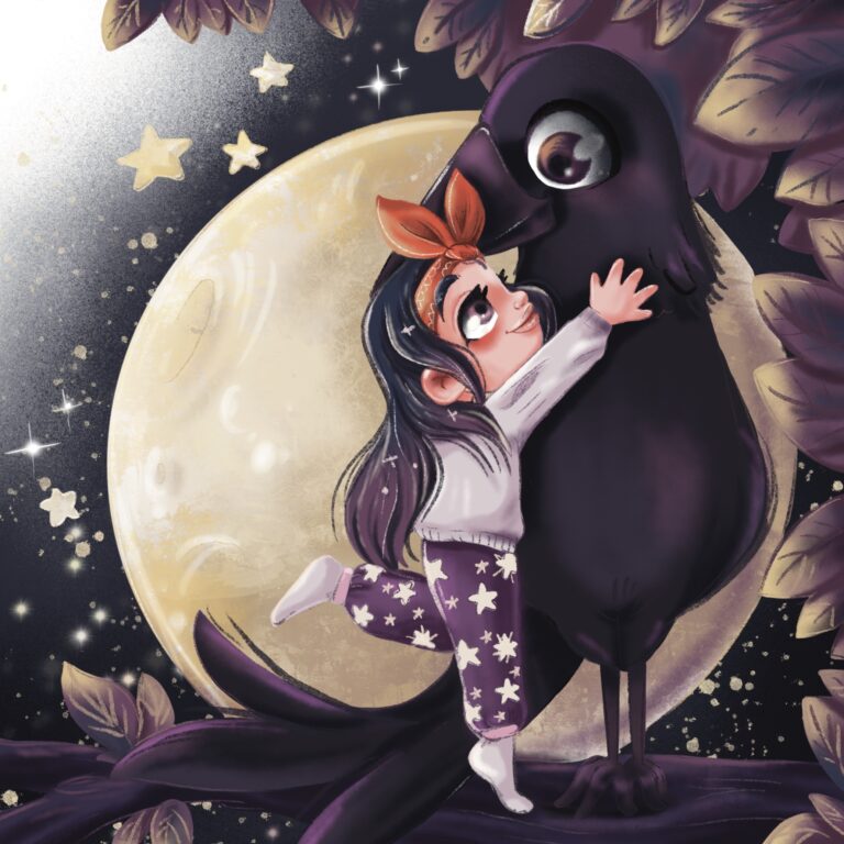 illustration - fille - corbeau - lune - nuit - calin - oiseau