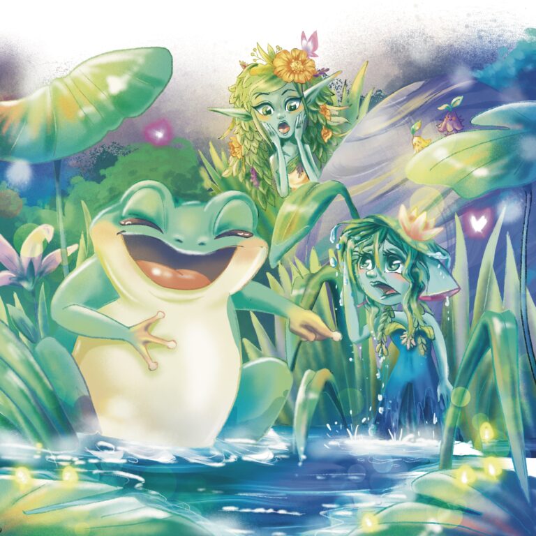 mare - rigole- rire - grenouille - elfe - nymphe - fantastique - illustration - magie - Fantasy - bd - scène humoristique - chute - trempée - mouillée