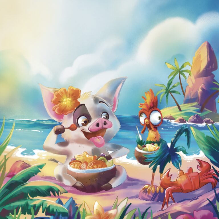 cochon - coq - pua - hei hein - fan art - vaiana - illustration - amis - plage - sable - île - tropique - cocktail de fruits - noix de coco