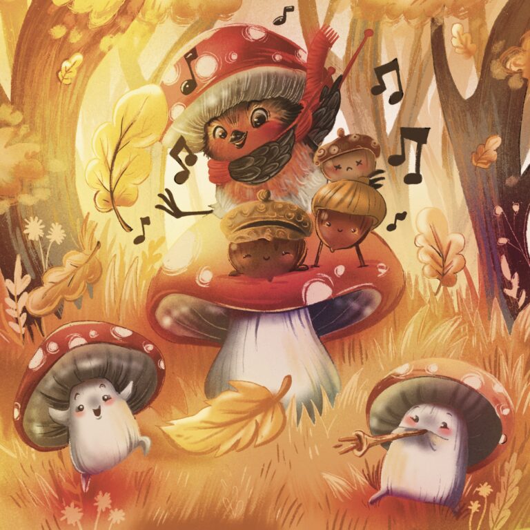 concert - musicien - animaux - rouge gorge - glands - champignon - musique - automne - forêt - joie - danse - déguisement