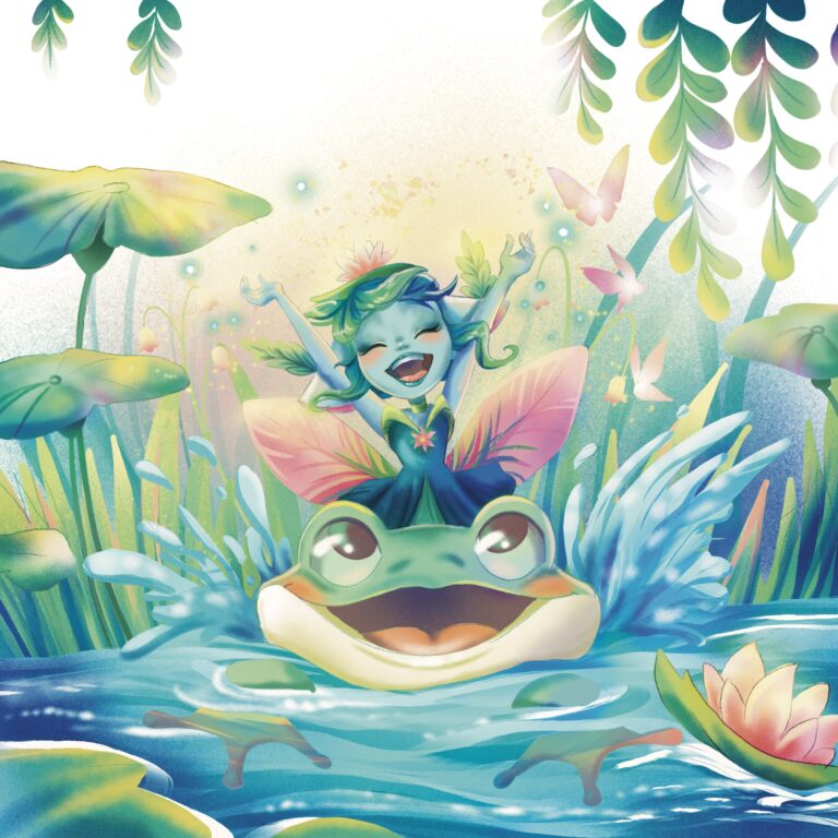 elfe - grenouille - rivière - illustration - nénuphars - forêt - magie - bleu - fée