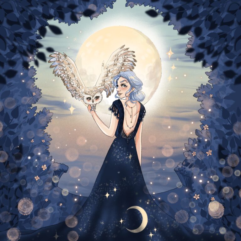 lune - chouette - femme - bleu - nuit - crépuscule - magie