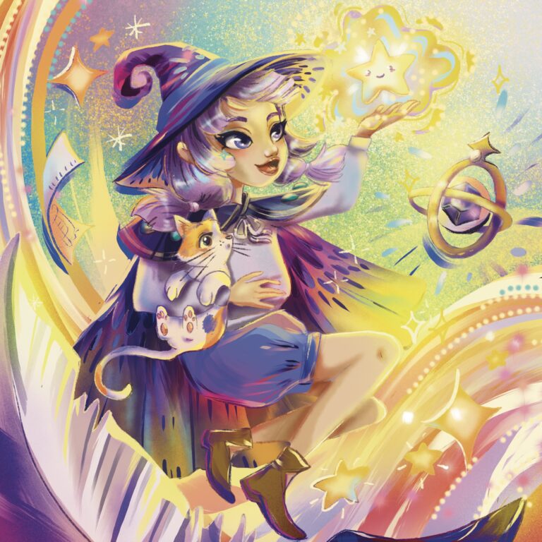 sorcière - illustration - magie - chat - étoiles - pouvoir - multicolore