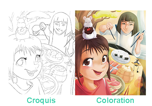 étape de travail entre un auteur et son illustrateur - croquis puis encrage puis couleur
